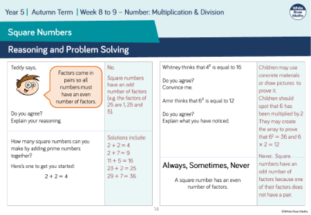 Square numbers: Reasoning and Problem Solving