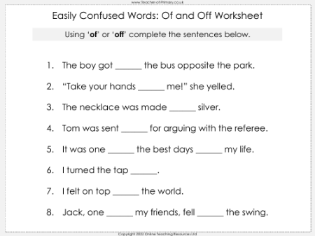 Easily Confused Words - Of and Off - Worksheet