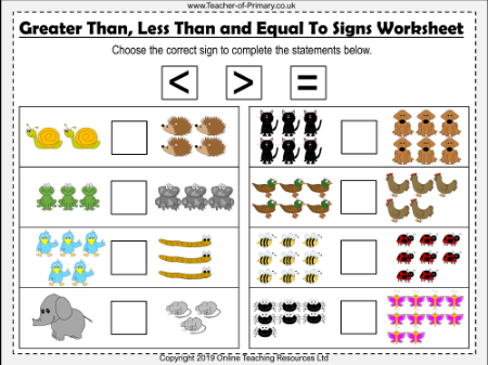 Beginning to Use Greater Than, Less Than and Equal To Signs - Worksheet