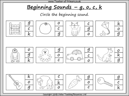 Beginning Sounds - g, o, c, k - Worksheet