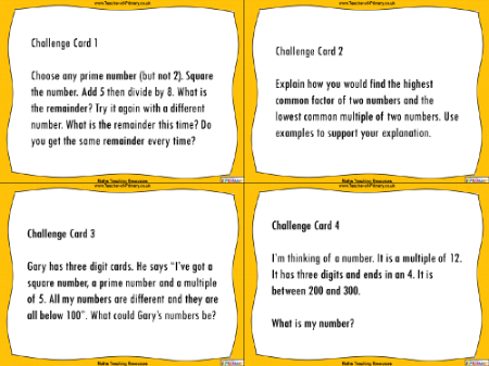 Factors, Multiples, Primes, Squares and Cubes Challenge Cards - Worksheet