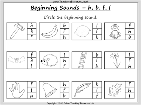 Beginning Sounds -  h, b, f, l - Worksheet