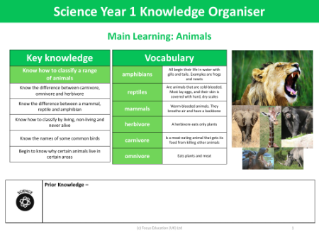 Knowledge organiser - How are Animals Classified - Year 1
