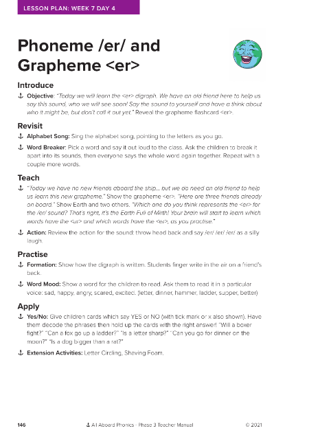 Phoneme "er" and Grapheme "er" - Lesson plan