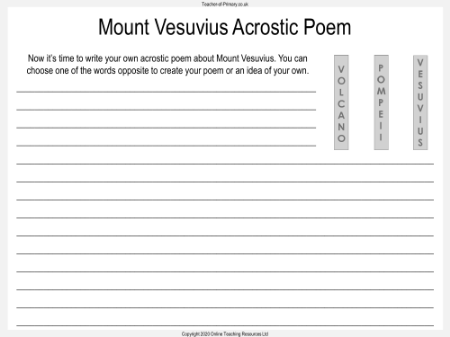 Volcanoes - Unit 3 - Mount Vesuvius Acrostic Poem Worksheet