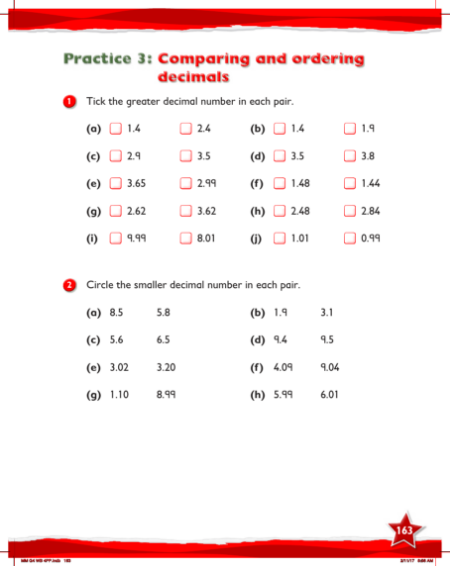 Work Book, Comparing and ordering decimals