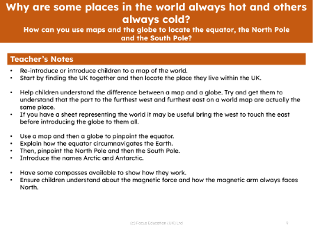 How can you use maps and the globe to locate the equator, the North Pole and the South Pole? - Teacher notes