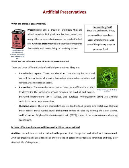 Artificial Preservatives - Reading with Comprehension Questions