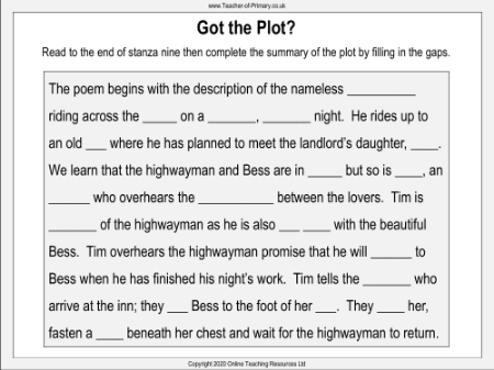 The Highwayman - Lesson 6 - Got the Plot Worksheet