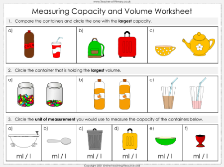 Measuring Capacity and Volume - Worksheet
