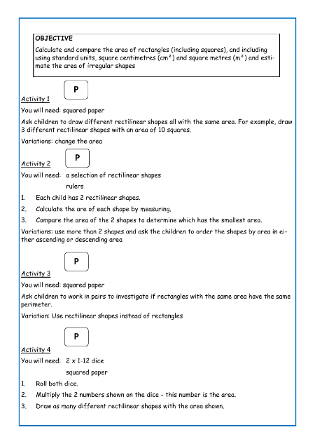 Calculate and compare the area of rectangles worksheet