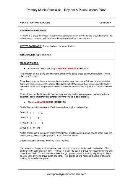 Rhythm and Pulse Lesson Plan - Year 3 Lesson 4