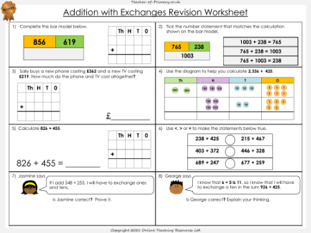 Adding Four-Digit Numbers with Exchanges Revision - Worksheet