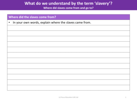 Where did the slaves come from? - Worksheet - Year 5