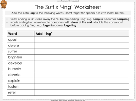 The Suffix '-ing' - Worksheet