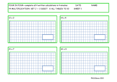  Multiplication Set J 2 digit number x all tables TO 10