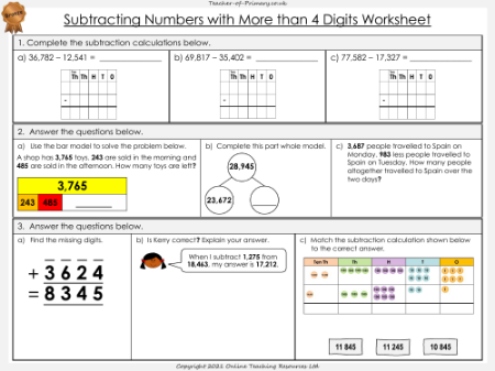 Subtracting Numbers with More than 4 Digits - Worksheet