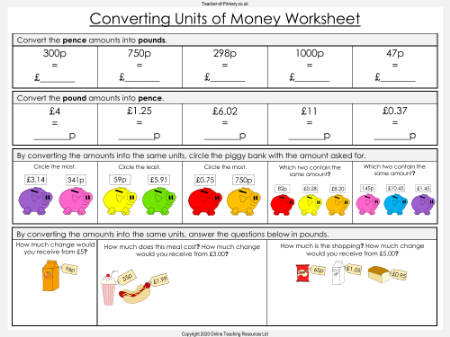 Converting and Comparing Units of Money - Worksheet