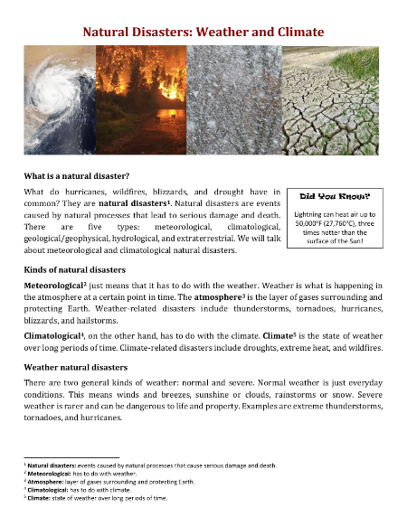 Natural Disasters - Weather and Climate - Reading with Comprehension Questions