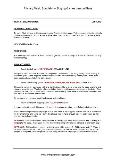 Singing Games Lesson Plan - Year 4 Lesson 2