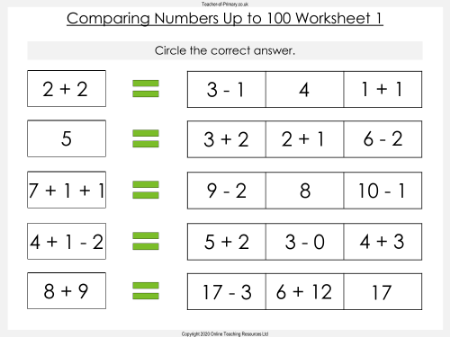 Comparing Numbers Up to 100 - Worksheet
