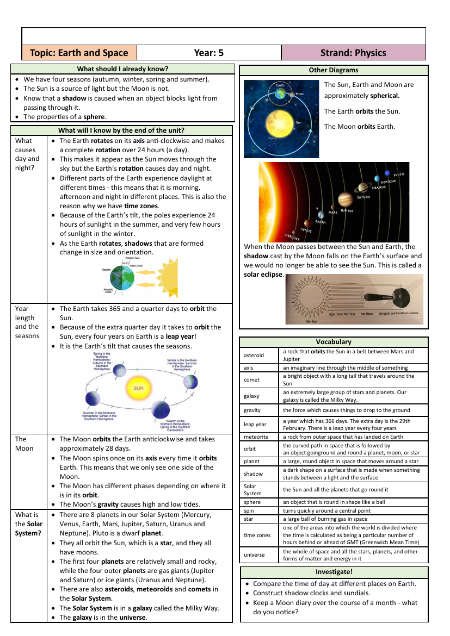 Earth and Space - Knowledge Organisers