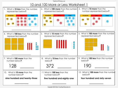 10 and 100 More or Less - Worksheet