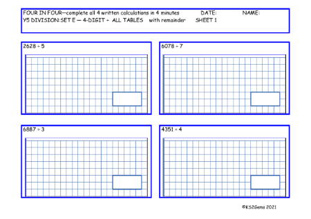 Division Set E 4 digit number -  All Tables with remainder