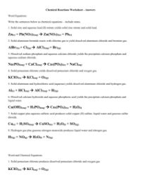 Chemical Reactions - Worksheet 1 with Answers
