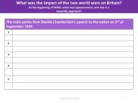 Main points of Chamberlain's speech on 3rd September 1939 - Worksheet - Year 6