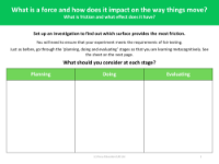 Plan an investigation - Which surface provides most friction? - worksheet