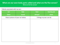What are the five senses? - What can my ears do? - Worksheet