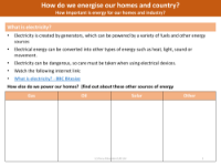 How do we energise our homes and country? - What is electricity? - worksheet