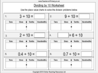 Dividing One and Two Digit Numbers by Ten - Worksheet