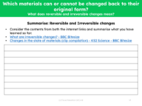 Summarise reversible and irreversible changes - Worksheet