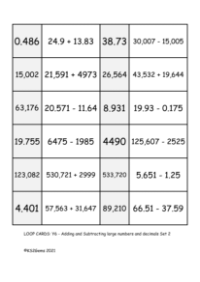 Loop Card Game - Adding and Subtracting large numbers and decimals Set 2