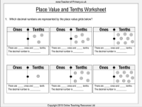 Place Value and Tenths - Worksheet