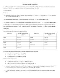 Thermal Energy, Temperature and Heat - Thermal Energy Worksheet