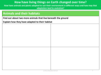 Research the adaptations of two subterranean animals - worksheet