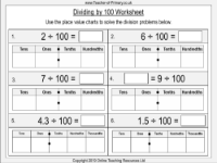 Dividing One and Two Digit Numbers by 100 - Worksheet