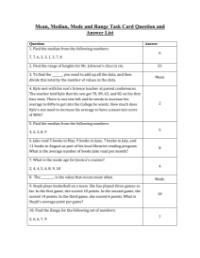 Mean, Median, Mode and Range - Task Cards Worksheet with Answers