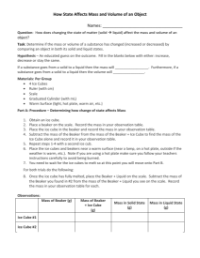 How State Change Affects Mass and Volume - Worksheet