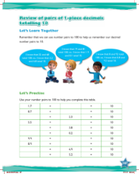 Practice, Review of pairs of 1-place decimals totalling 10