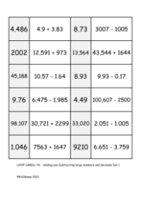 Loop Card Game - Adding and Subtracting large numbers and decimals Set 1