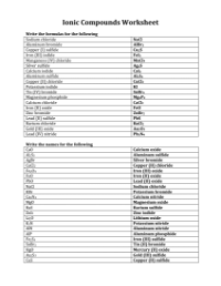 Ionic Compounds - Worksheet with Answers