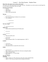 Our Solar System - Middle School Student Lesson Outline