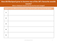 Explain 5 main difference between your town (or place you live) and Blackpool - Worksheet - Year 5
