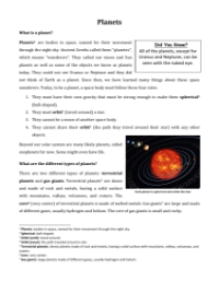 Planets of our Solar System - Reading with Comprehension Questions