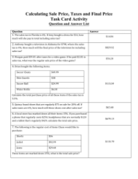 Calculating Sale Price, Taxes and Final Price - Task Cards Activity Answers