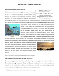 Pollution Control Devices - Reading with Comprehension Questions